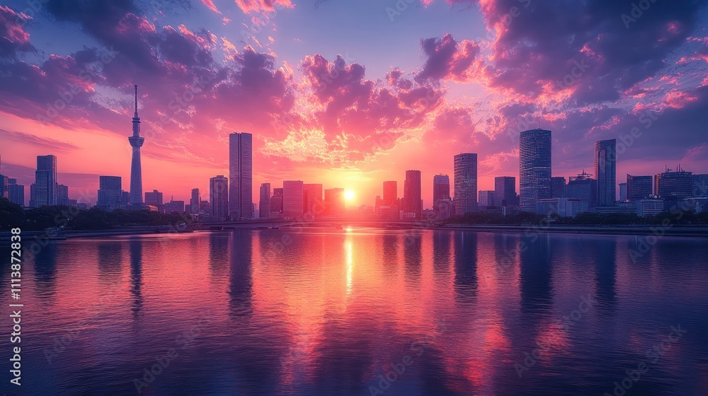 Vibrant sunset over a city skyline reflected in calm water. Vibrant sunset over a city skyline reflected in calm water.