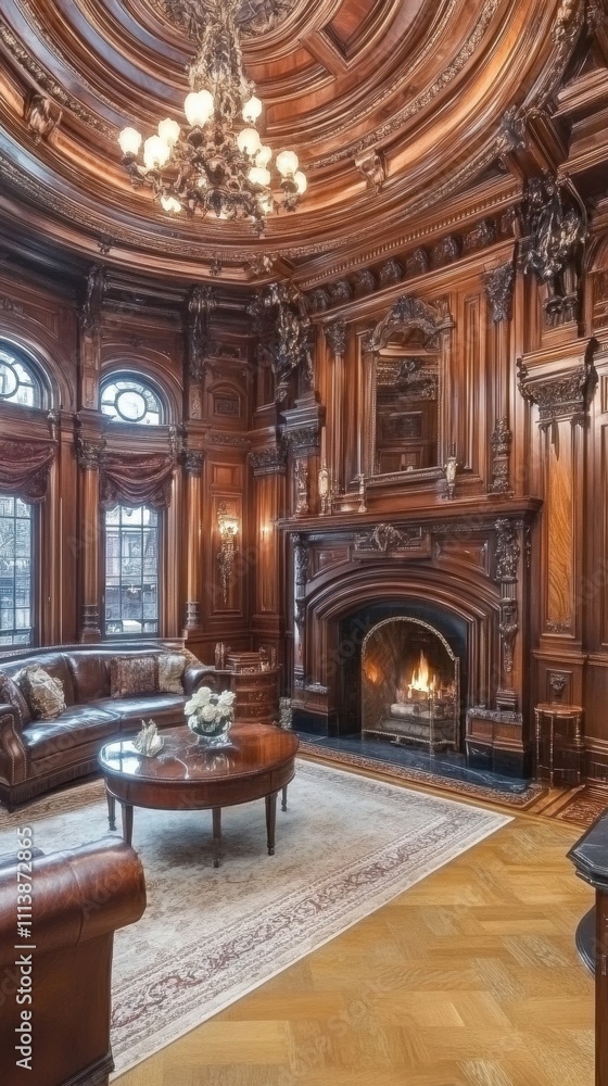 Fototapeta premium Elegant and Ornate Victorian-Style Living Room with Fireplace and Chandelier
