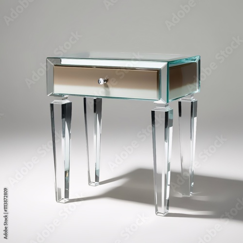 Glass sculpture of modern nightstand with pearl to taupe gradient top, clear tapered legs, frosted bases, light gray background, generative ai photo