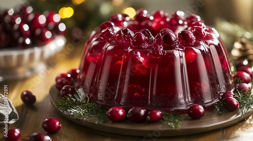 Rustic presentation of a jello cake in a bundt mold, styled with fresh cranberries and holiday-themed decorations photo