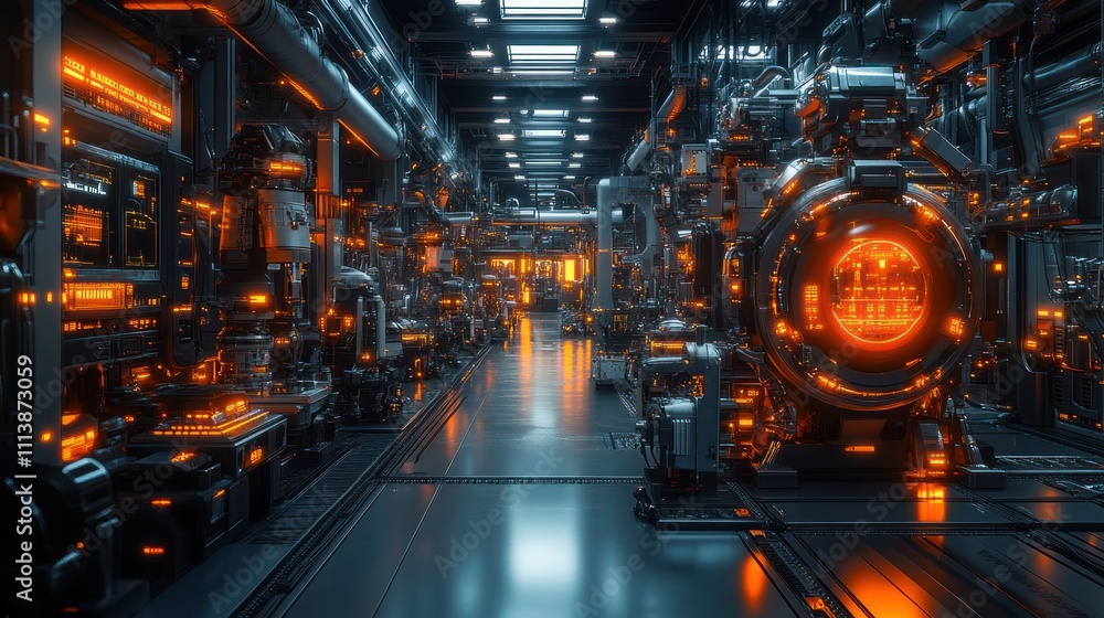 Futuristic industrial corridor with glowing machinery and reflective floor. Futuristic industrial corridor with glowing machinery and reflective floor.