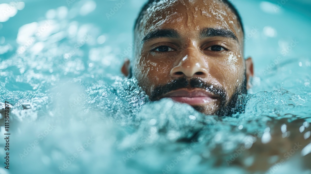 Fototapeta premium A man with a beard is swimming in clear water, creating ripples. His expression is calm and focused, emphasizing determination and concentration.