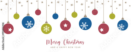 merry christmas card with hanging ball decoration vector illustration