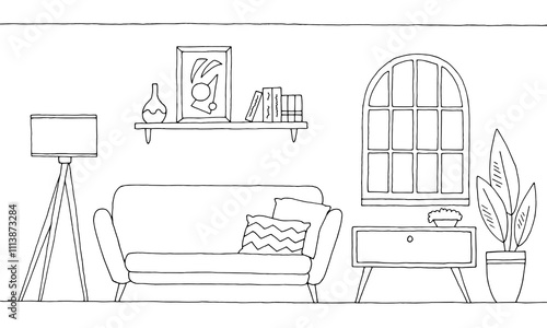Living room graphic black white home interior sketch illustration vector 