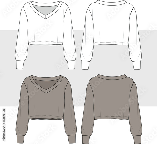 Women's sweatshirt, sweater technical fashion illustration. Fashion flat sketch. Technical drawing APPAREL template. V-NECK cropped top.