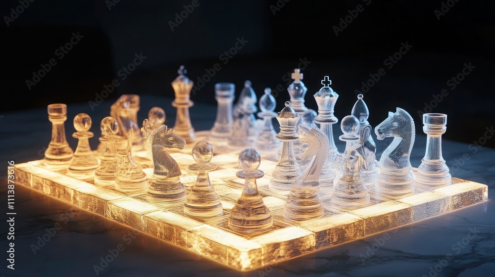 Elegant chess set on illuminated board at night. Generative AI Elegant chess set on illuminated board at night. Generative AI