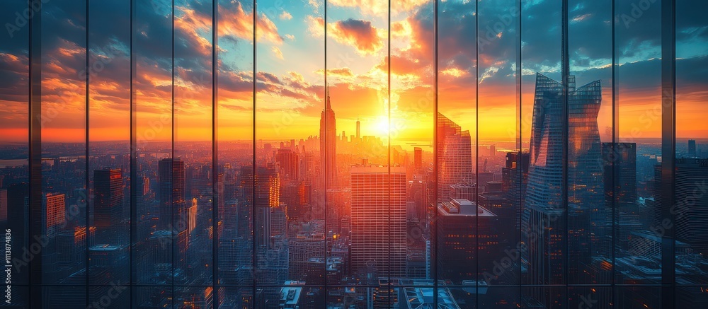 Cityscape sunset view through window panes. Cityscape sunset view through window panes.