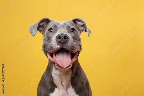 Gray pit bull with tongue out in studio portrait.