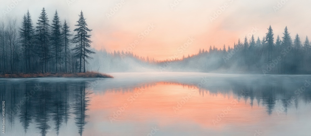 Serene sunrise over misty lake with pine trees reflecting in calm water. Serene sunrise over misty lake with pine trees reflecting in calm water.