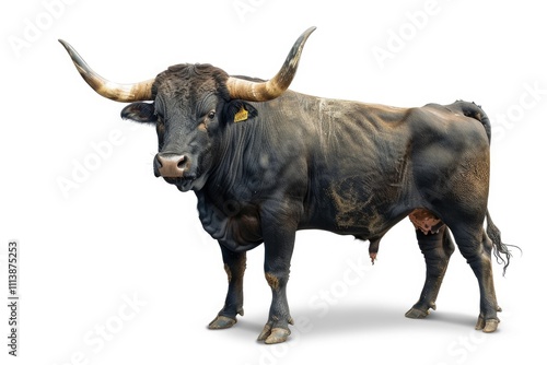 Young strong bull with sharp horns isolated on white background.