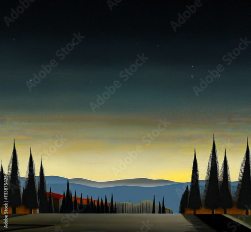 paintinfg of  Sound of Silence lonely desolate street little rustic town dark night sky photo