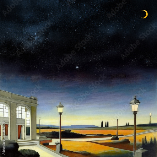 paintinfg of  Sound of Silence lonely desolate building little rustic town dark night sky photo