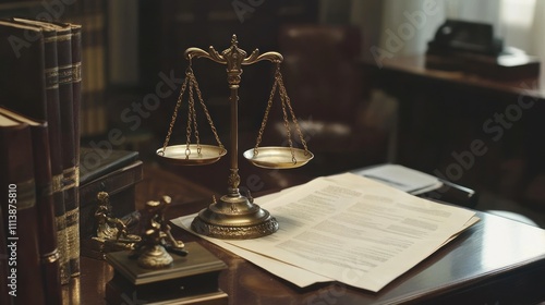 Scales of justice on a desk with legal documents