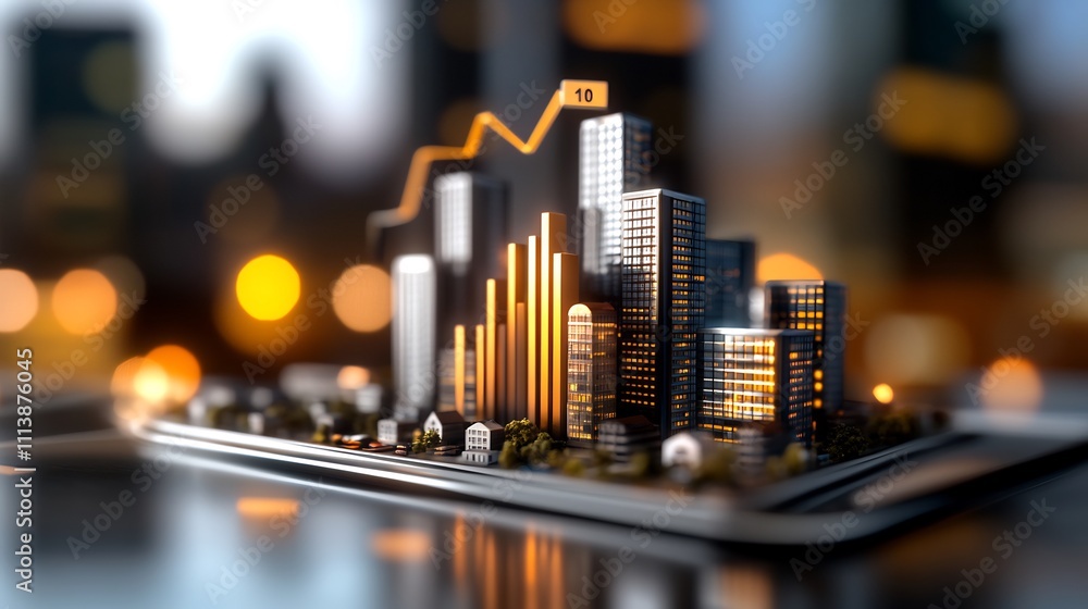 A miniature city model displayed on a smartphone with upward trending graphs, suggesting urban development and financial growth.. A miniature city model displayed on a smartphone with upward trending graphs, suggesting urban development and financial growth..