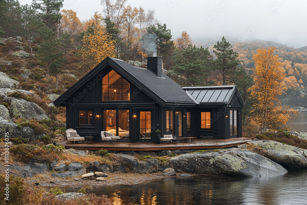 Modern Black Cabin Lakeside Autumn Setting Modern Black Cabin Lakeside Autumn Setting