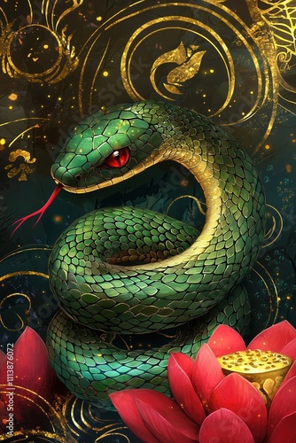 chinese zodiac sign.Mystical Green Snake with Lotus Flower  photo