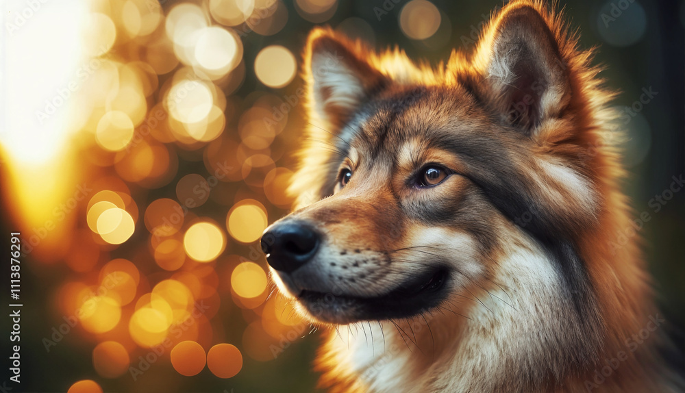 Wolf with golden fur gazing into the distance under warm light with a soft bokeh background, symbolizing strength and wilderness Wolf with golden fur gazing into the distance under warm light with a soft bokeh background, symbolizing strength and wilderness