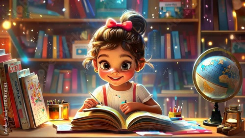 Smiling Girl Reading in a Colorful Library with Magical Atmosphere