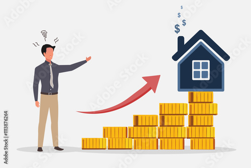 A confused businessman looking at stack of coins with a house on top. House price rising up or real estate property growth concept. Vector illustration.