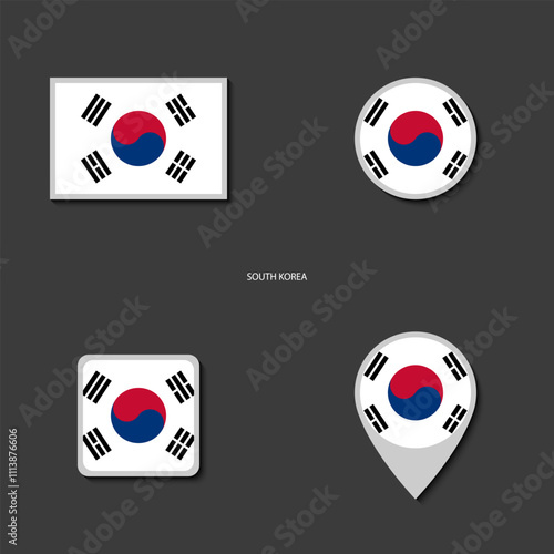 South Korea flag icon set in different shape (rectangle, circle, square and marker icon) on dark grey background. South Korea sticker icon collection on barely dark background	