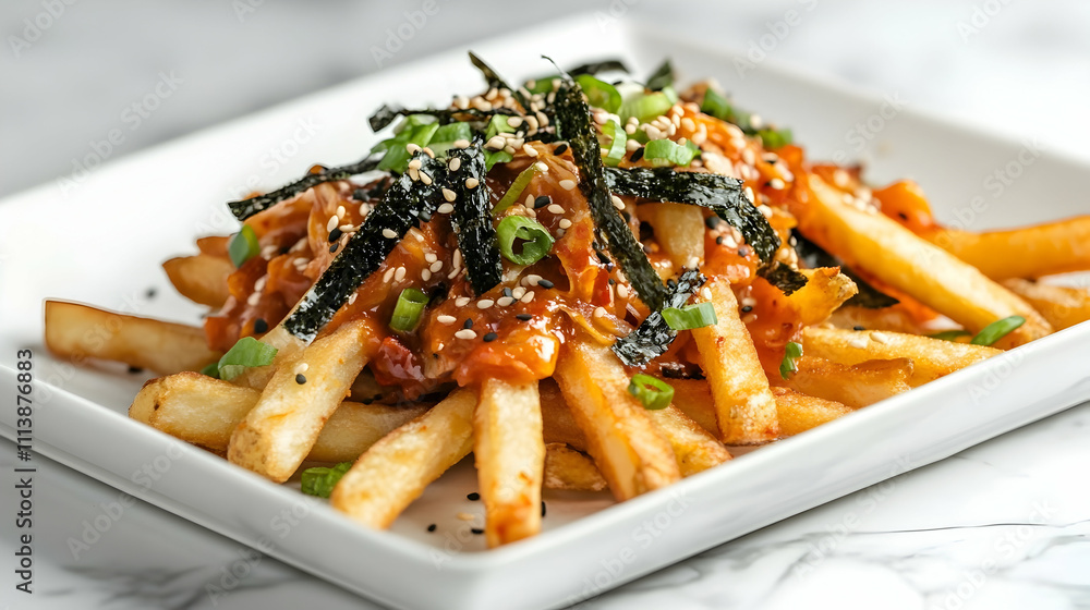 Loaded Kimchi Fries with Gochujang Mayo and Green Onions, Korean Fusion Photography Loaded Kimchi Fries with Gochujang Mayo and Green Onions, Korean Fusion Photography