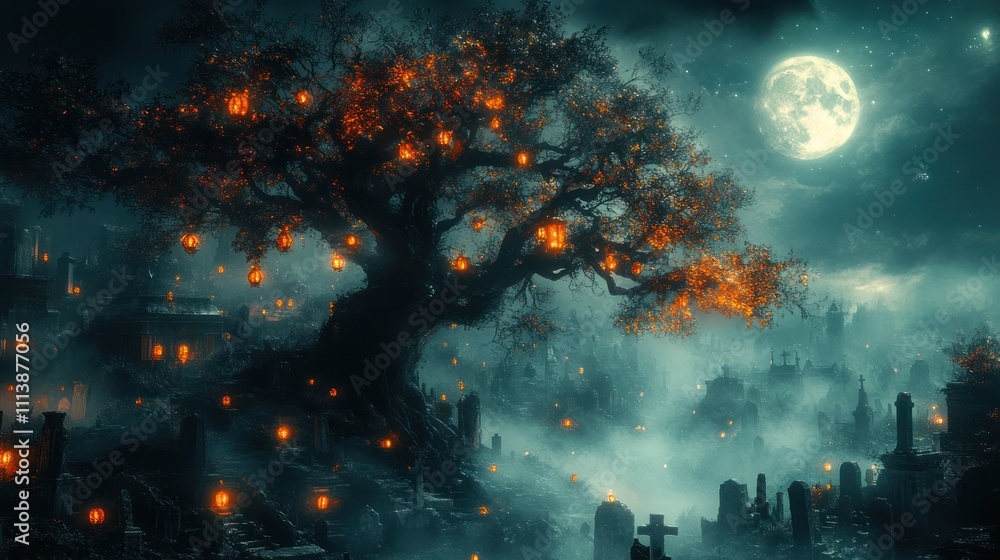 Fototapeta premium Mystical night scene of glowing lanterns illuminating a graveyard under a full moon.