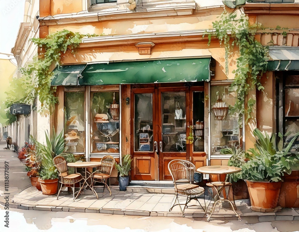 Fototapeta premium watercolor picture of A quaint coffee shop exterior with a hanging sign, outdoor seating, and potted plants