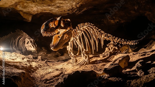 A dinosaur skeleton in a cave with glowing light. photo