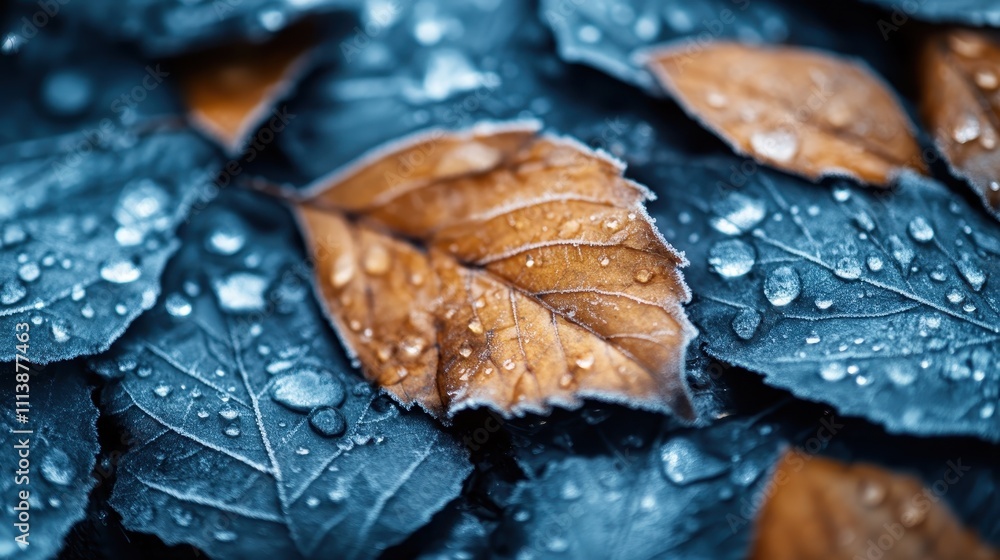 A detailed close-up of water droplets artfully decorating brown leaves, blending natural elements with vibrant colors to evoke tranquility and raw essence. A detailed close-up of water droplets artfully decorating brown leaves, blending natural elements with vibrant colors to evoke tranquility and raw essence.