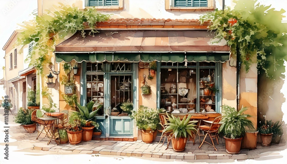 Obraz premium watercolor picture of A quaint coffee shop exterior with a hanging sign, outdoor seating, and potted plants