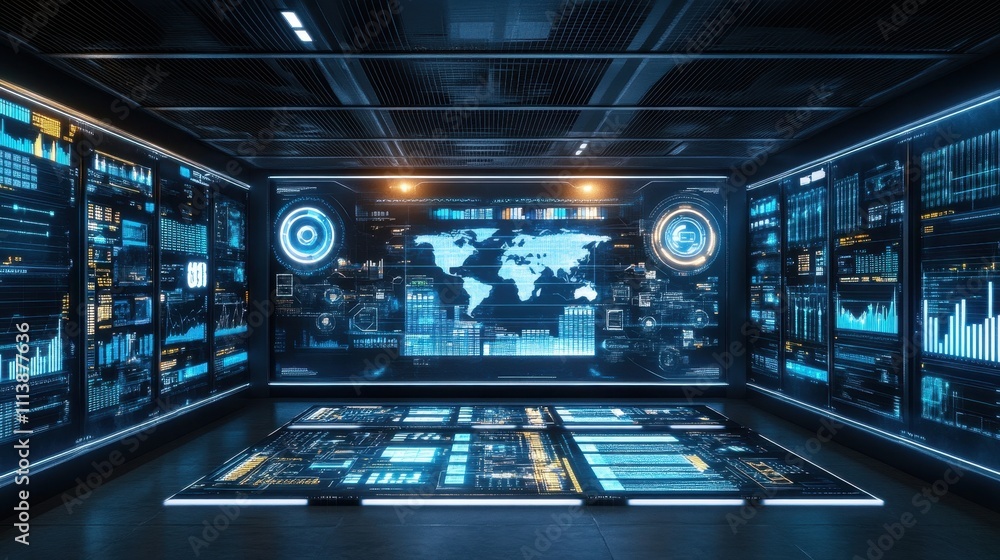 Futuristic Data Center Control Room with Advanced Technology Displays Futuristic Data Center Control Room with Advanced Technology Displays