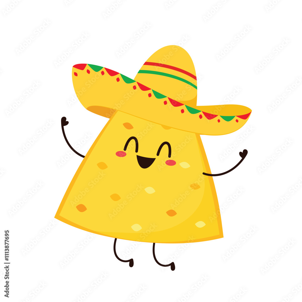 Nachos Characters with Mexican hat. Nice Mexican food. Nachos chips in sombreros and maracas hats. Vector illustration. Nachos Characters with Mexican hat. Nice Mexican food. Nachos chips in sombreros and maracas hats. Vector illustration.