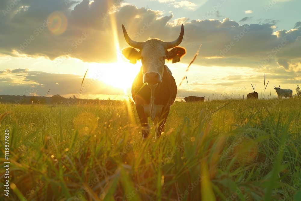 Cows grazing in field at sunset with sun rays.