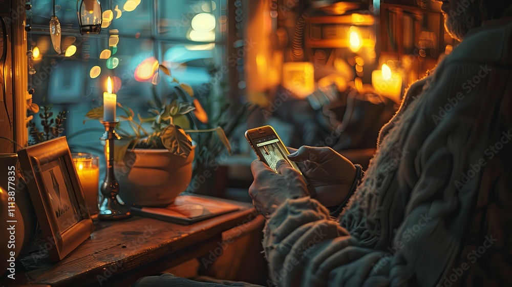 Elderly Person Browsing a Smartphone by Candlelight in a Cozy Setting Elderly Person Browsing a Smartphone by Candlelight in a Cozy Setting