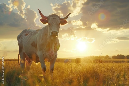 Cows grazing in field at sunset with sun rays. photo