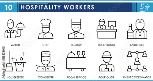 A set of line icons related to Hospitality Workers. Waiter, chef, bellhop, receptionist, bartender, housekeeper, room service, and so on. Vector editable stroke.