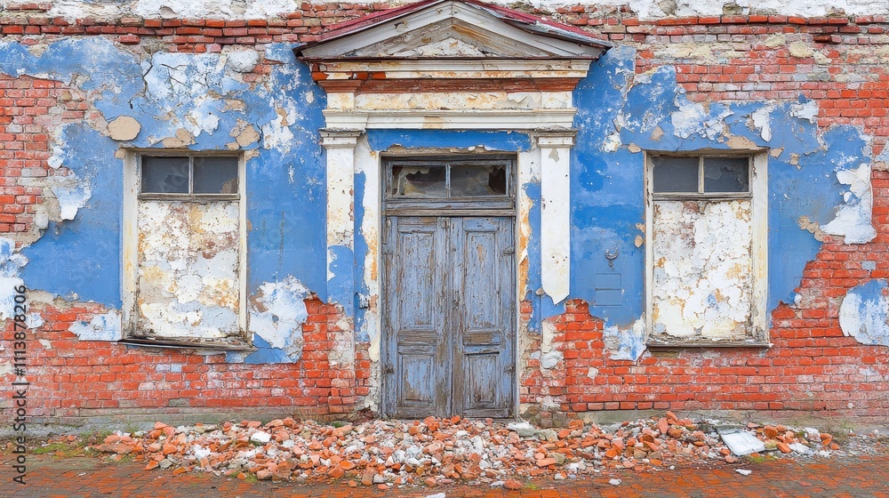 Abandoned Old Brick Building with Peeling Paint and Dilapidated Entrance Abandoned Old Brick Building with Peeling Paint and Dilapidated Entrance