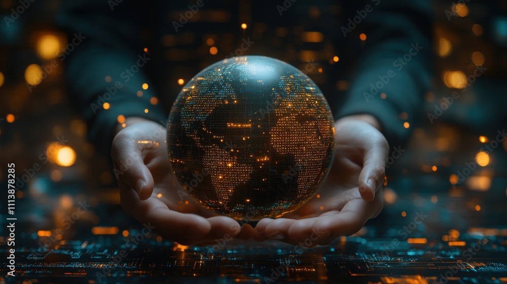 Fototapeta premium Hands cradling a digital globe encircled by futuristic holographic data and elements, symbolizing global technology, data-driven insights, and advanced digital connectivity