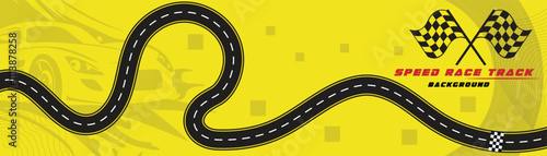 Creative vector illusion of race track isolated on yellow background. Speed race track background design with sport car.