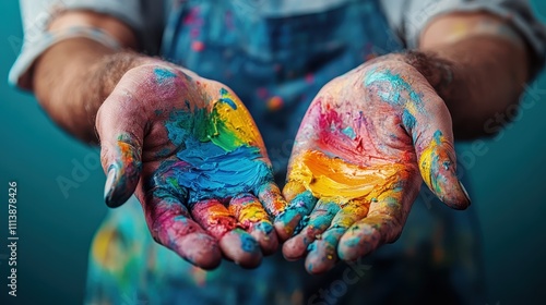 Vibrant colors of wet paint on hands, blending and mixing different hues, symbolizing creativity and artistic expression in an abstract setting. photo