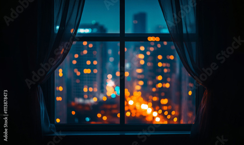 window frames blurred cityscape at night, seen through sheer curtains.  warm glow of city lights creates peaceful, contemplative atmosphere inside  room.  sense of tranquility and urban life. sleep hy