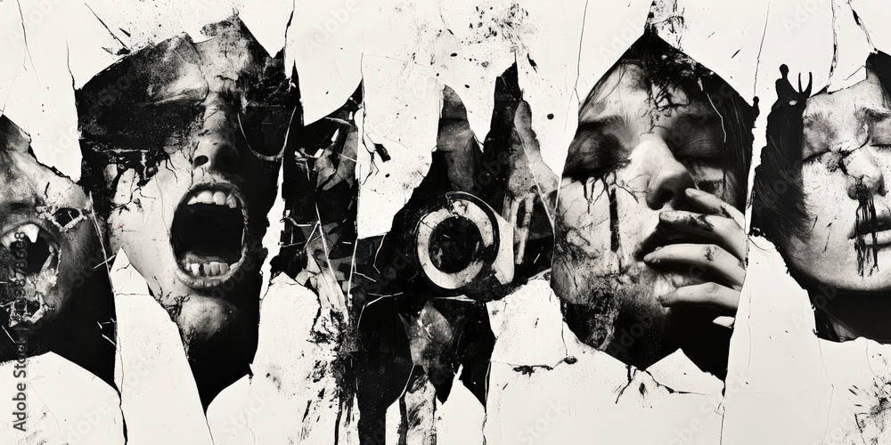 Obraz premium Black and White Abstract Collage Expressing Emotions Through Fragmented Faces