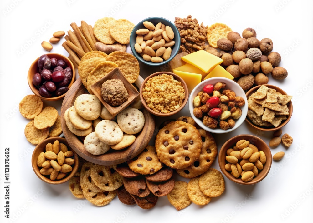 A Delicious Array of Snacks: Colorful Cookies, Crunchy Nuts, and Salty Chips Isolated on a Bright White Background for Food Illustration and Creative Culinary Projects A Delicious Array of Snacks: Colorful Cookies, Crunchy Nuts, and Salty Chips Isolated on a Bright White Background for Food Illustration and Creative Culinary Projects