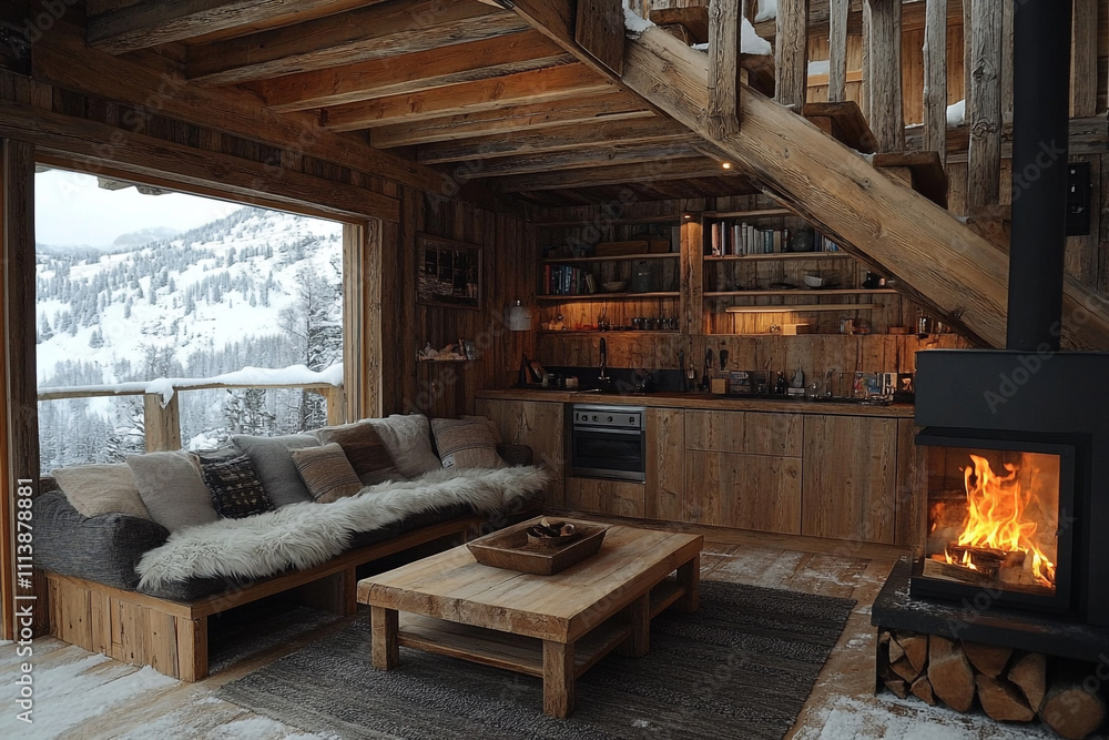 Cozy Mountain Cabin Living Room With Fireplace And Snow View Cozy Mountain Cabin Living Room With Fireplace And Snow View