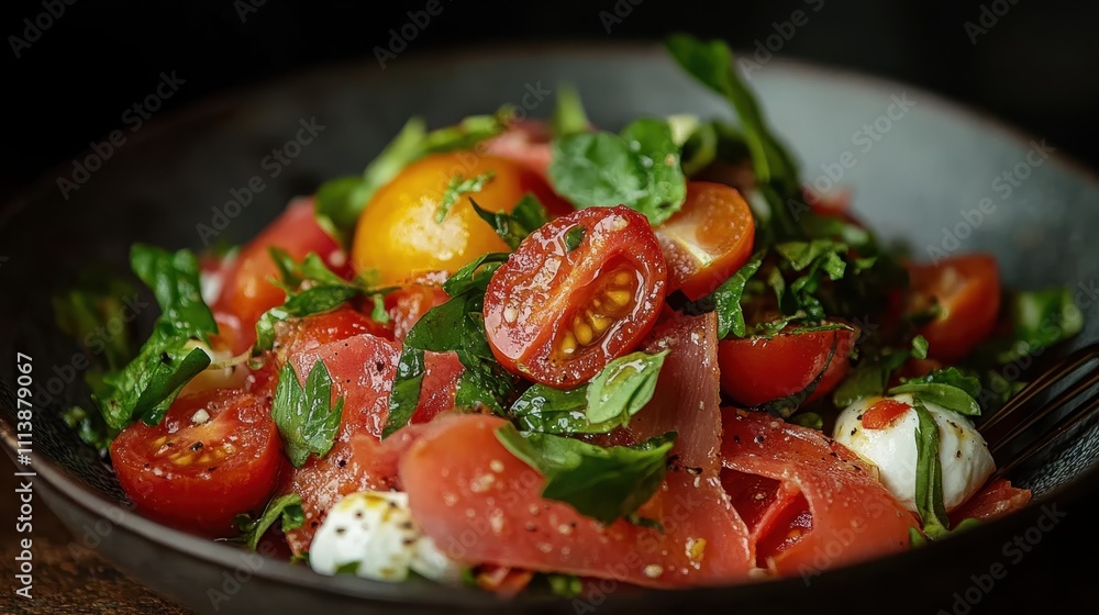 A visually appealing, healthy salad bowl filled with fresh cherry tomatoes, greens, and other ingredients that create a delightful culinary masterpiece full of flavor. A visually appealing, healthy salad bowl filled with fresh cherry tomatoes, greens, and other ingredients that create a delightful culinary masterpiece full of flavor.