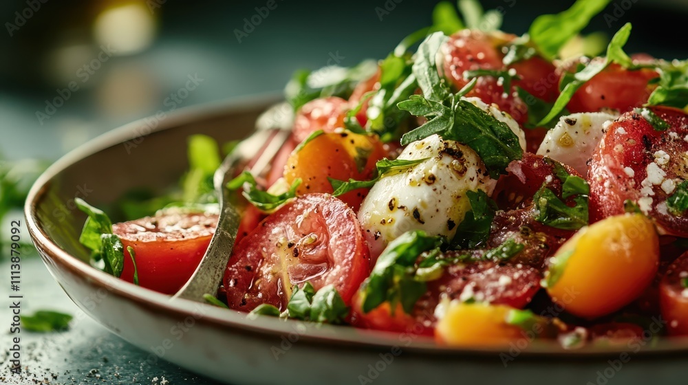 A beautifully crafted salad full of mixed cherry tomatoes and fresh mozzarella balls, garnished with greens and dressing, presented in a sophisticated plate setting. A beautifully crafted salad full of mixed cherry tomatoes and fresh mozzarella balls, garnished with greens and dressing, presented in a sophisticated plate setting.