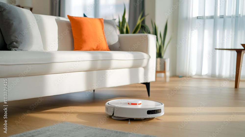 Robotic Vacuum Cleaner on Hardwood Floor in Modern Living Room Robotic Vacuum Cleaner on Hardwood Floor in Modern Living Room