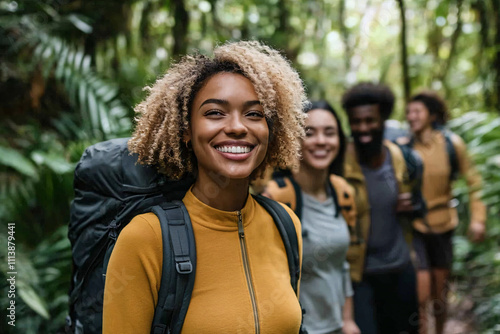 A smiling young woman leading a group of hikers through a lush green jungle path creating an adventurous and joyful atmosphere  
