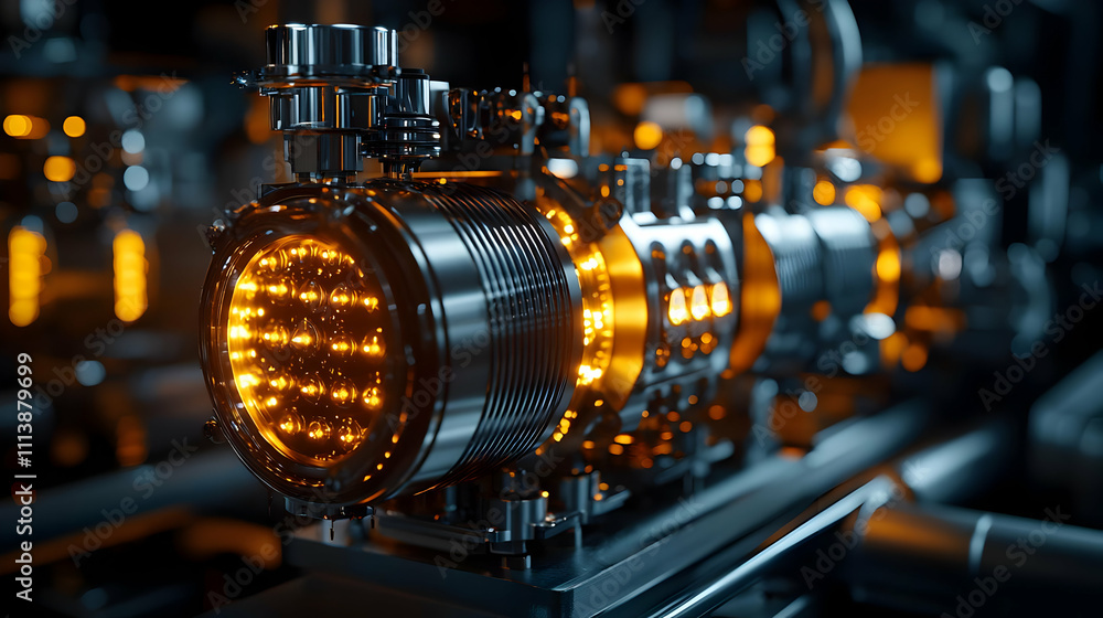 Illuminated Machine Parts Gleam Brightly in Factory Illuminated Machine Parts Gleam Brightly in Factory