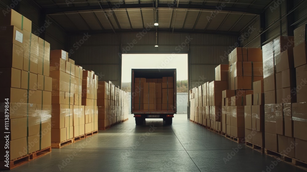 Stacked cardboard boxes next to open truck in warehouse environment Stacked cardboard boxes next to open truck in warehouse environment